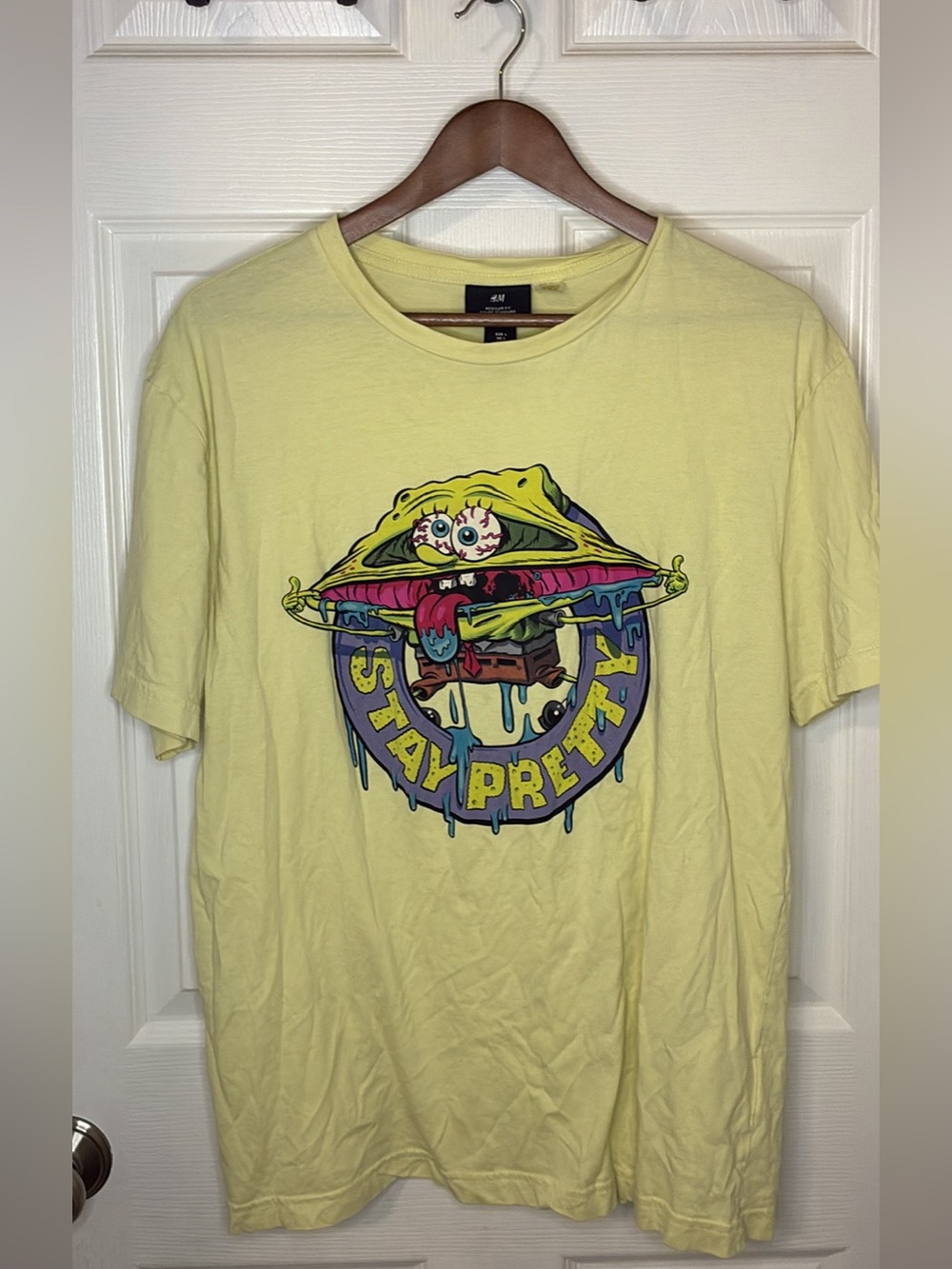 H&M Men’s Lemon Yellow Graphic Tee with Colorful Drip Design